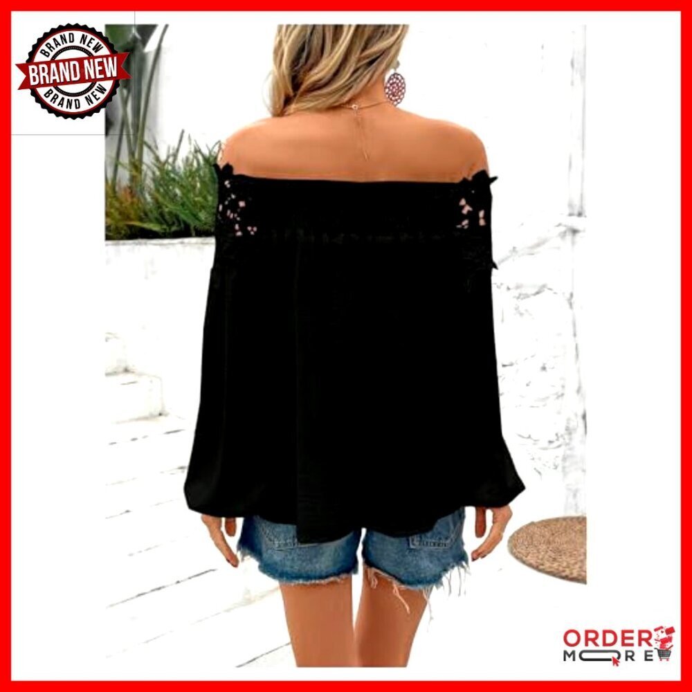 Off Shoulder Lace Blouse Long Sleeve Casual Vacation Top - Picture 2 of 6